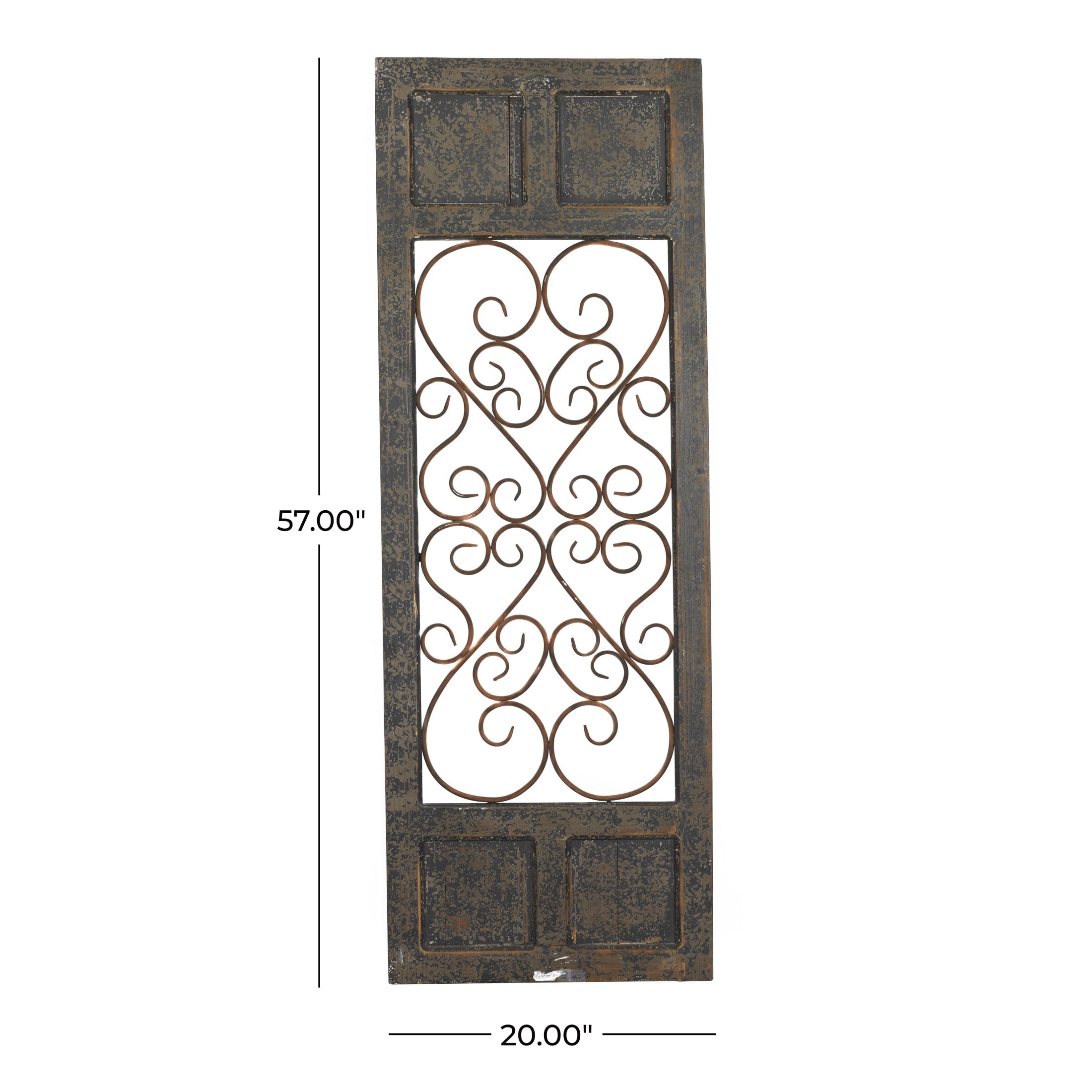 DecMode Brown Wood Scroll Window Inspired Panel Home Wall Decor with Copper Metal Scrollwork, 20" x 1" x 57"