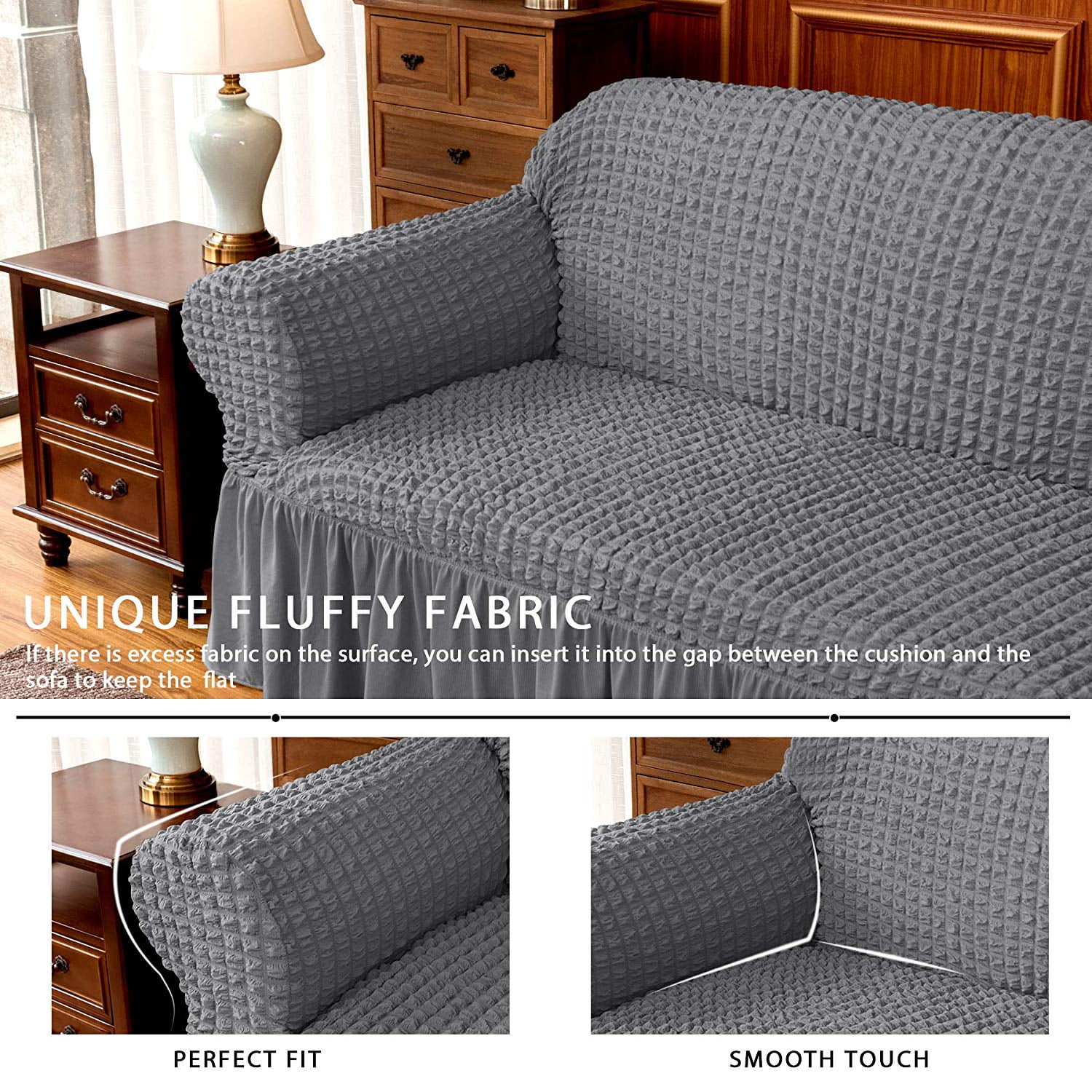 Subrtex Stretch 1-Piece Pleated Ruffled Skirt Sofa Slipcover, Grey