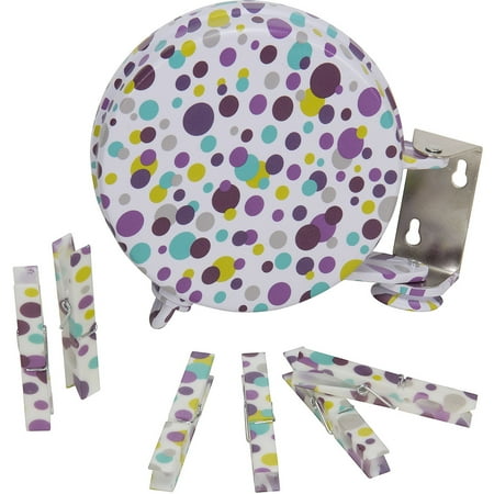 Household Essentials Single Line Retractable Clothesline with Coordinated Fashion Clothespins, Purple Dot