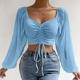 thumbnail image 2 of HAiming Blouse for Women Solid Color V Neck Drawstring Ruched Lantern Sleeve Crop Tops 2025 Trendy Fall Casual Shirts, 2 of 9