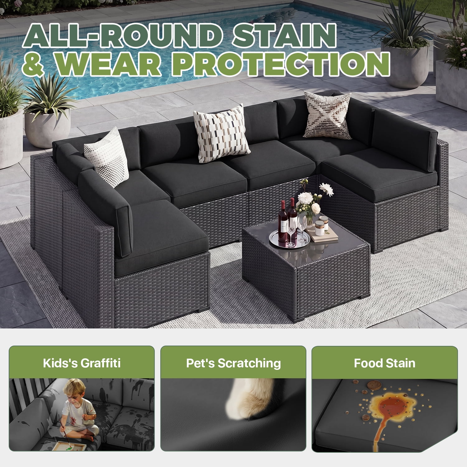 BaPiPro 14 Pack Black Outdoor Patio Sofa Cushion Replacement Covers, Fade‑Proof, Waterproof & Zippered, Wear‑Resistant, Stain‑Resistant Easy‑to‑Clean Slipcovers for Rattan Sectional Furniture