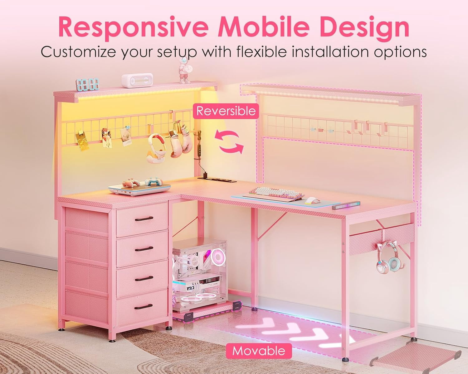 MOTPK L Shaped Gaming Desk with Drawers & LED Light & Power Outlet, 43" Reversible Computer Table with Shelves & Hooks for Home Office, Carbon Fiber Pink