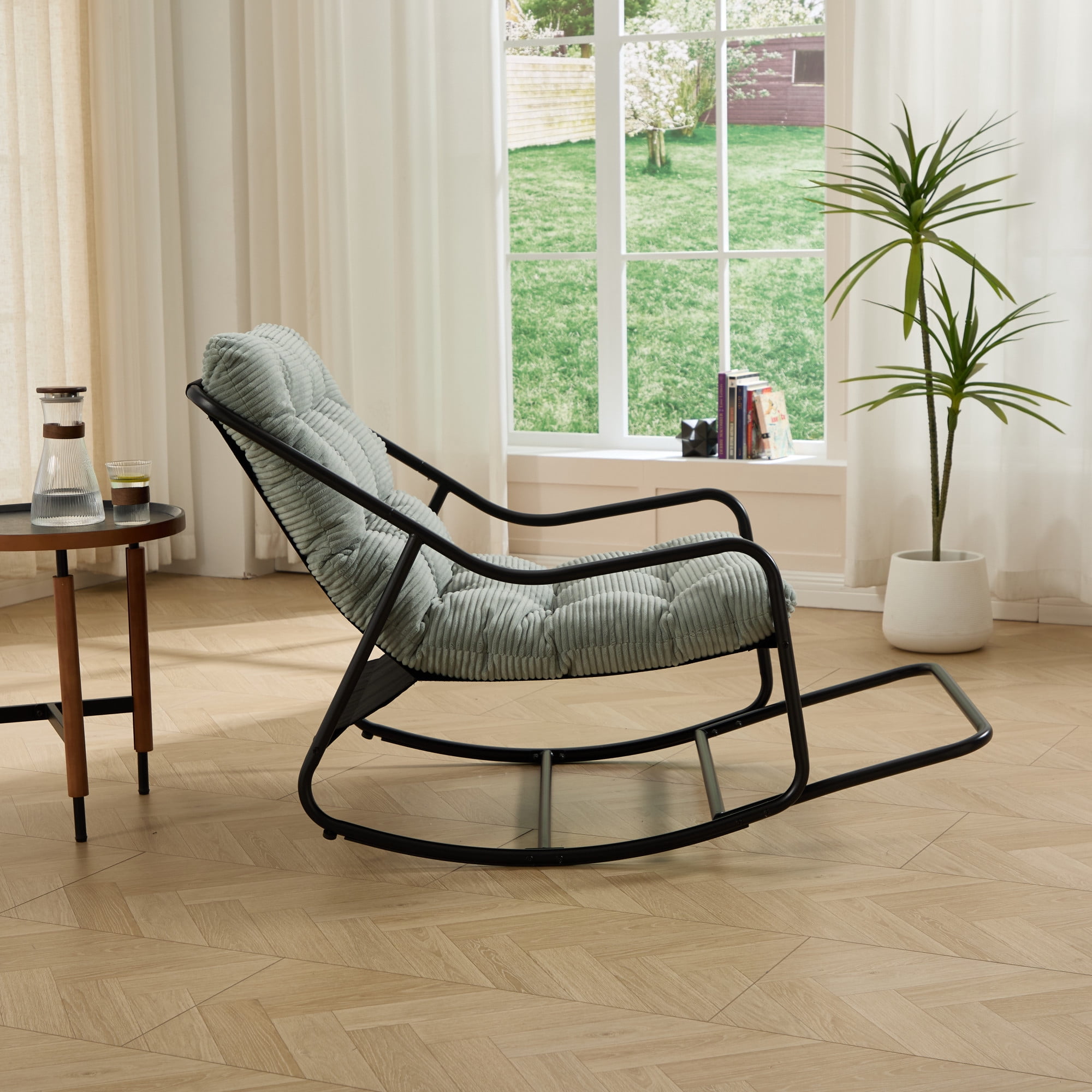Howcool Patio Rocking Chair with Footrest & Cushion, Curved-Arm Glider Rocking Chair, Indoor Accent Chair