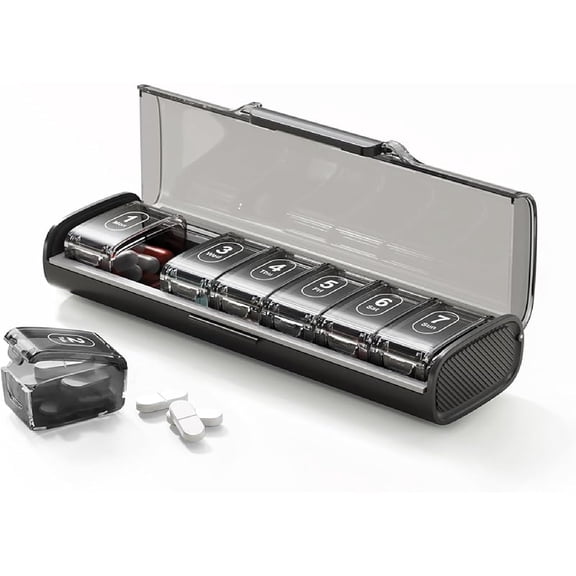 Weekly Pill Organizer,Portable 7 Day Pill Box,Moisture Proof Medicine Pill Organizer,Travel Pill Case with BPA-Free Material,Pocket-Size for Supplements & Vitamins (black)