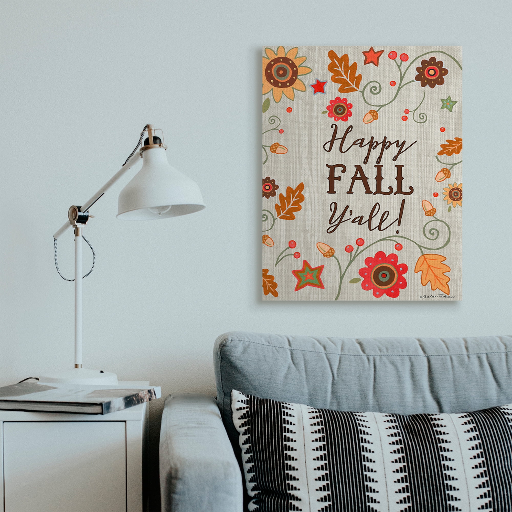 Stupell Industries Happy Fall Y'all Phrase Autumn County Border Landscape Painting Gallery Wrapped Canvas Art Print Wall Art, 30 x 40
