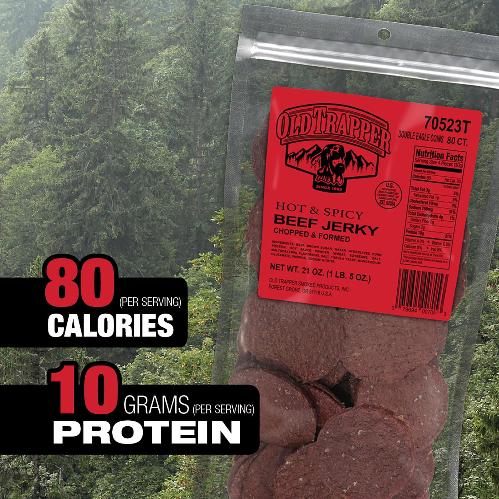 Old Trapper Double Eagle MFF30 Beef Jerky, Hot & Spicy Flavor, 21-Ounce Package, Natural Wood Smoked Meat Snacks, 10 Grams of Protein and 80 Calories per Serving (Pack of One)