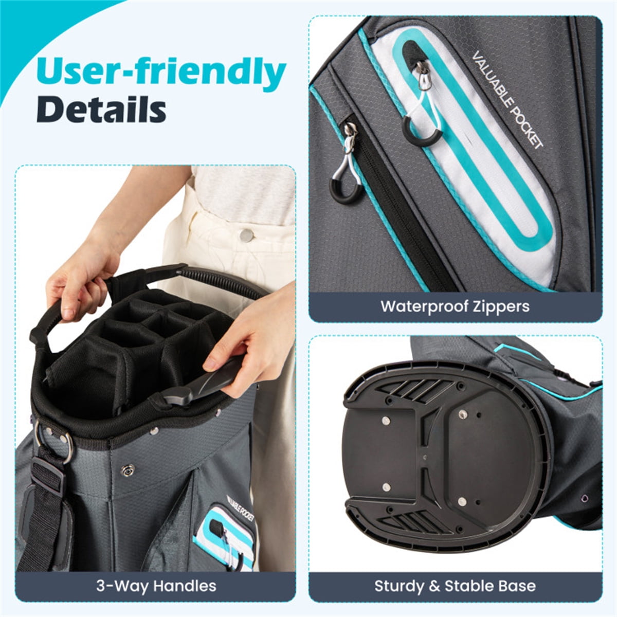 14 Way Golf Cart Bag 6 Zippered Pockets With Cooler Waterproof Zippers Gray Blue 4.7Lbs 33.5In Height 14 Divider Top Putter Well Rain Hood Umbrella Holder Polyester Lightweight Cart Bag Pro
