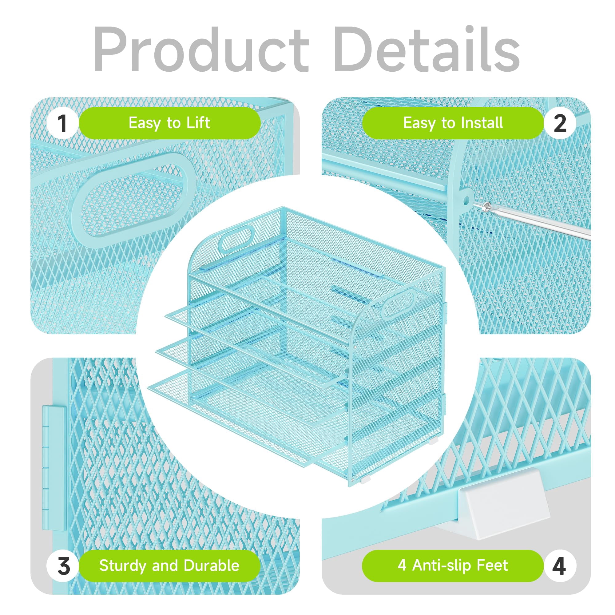 5 Tier Paper Organizer With Handle  Blue Metal Mesh Desk File Folder Letter Tray Desktop Document Sorter For Classroom School Office Accessories Organization And Storage