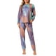 thumbnail image 1 of Conjunto de pijamas para mujer INSPIRE CHIC, tie dye, de manga larga, cuello redondo, con cordón, pantalones largos, ropa de casa, XS, púrpura, 1 of 6