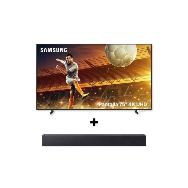 combo tv samsung 75'' smarttv bef-h + barra de sonido 2.0 ch hw-b400f negro pantalla profesional Samsung 75'' 4K UHD frontal, diseño sin bordes en tres lados y patas de apoyo; barra de sonido negra 2.0 ch rectangular con rejilla textil colocada debajo. Especificaciones incluyen Q-Symphony, OTS Lite, Bluetooth y HDMI ARC; ideal para salas grandes y showrooms.