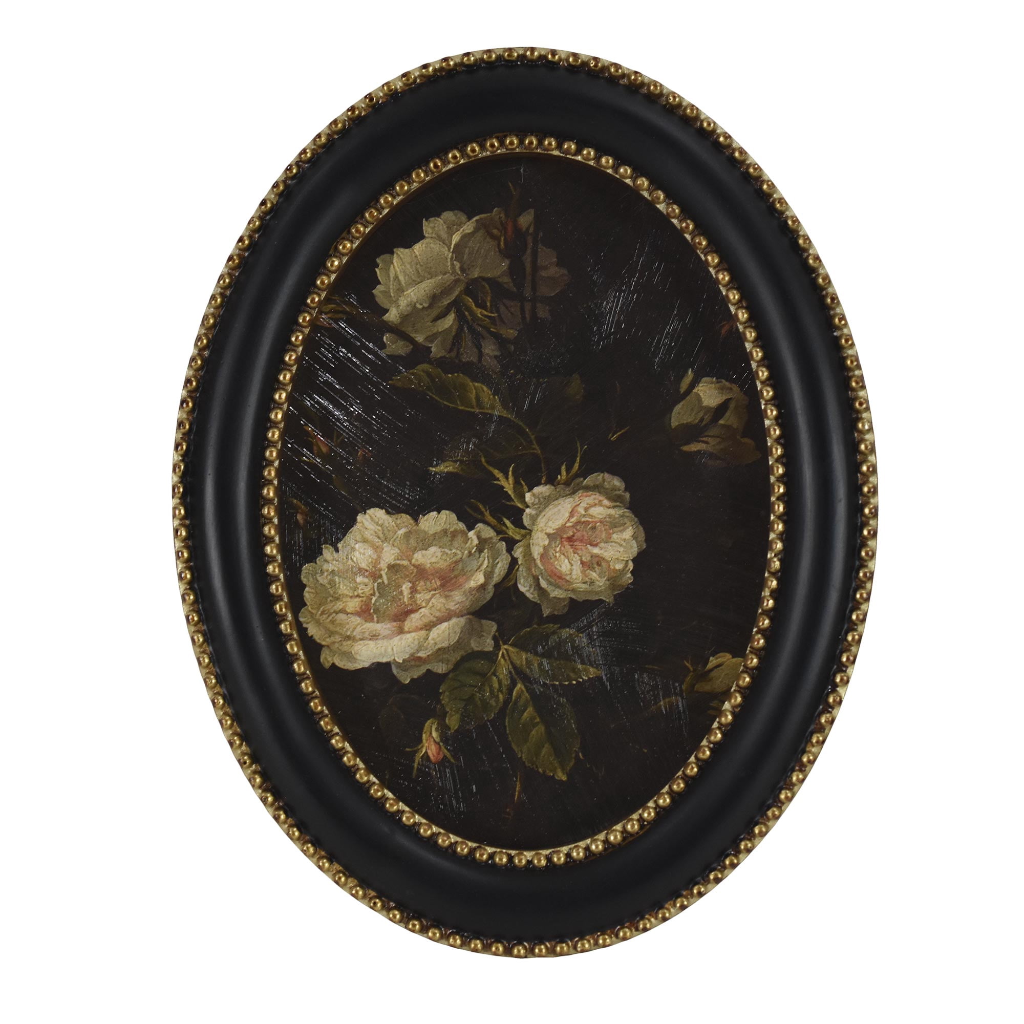 Home Decor Collection Black Round Wall Art or Tabletop, White Rose Floral Print by Antoine Monnoyer with Gold Beaded Frame, Classic Decorative Artwork, 6x8