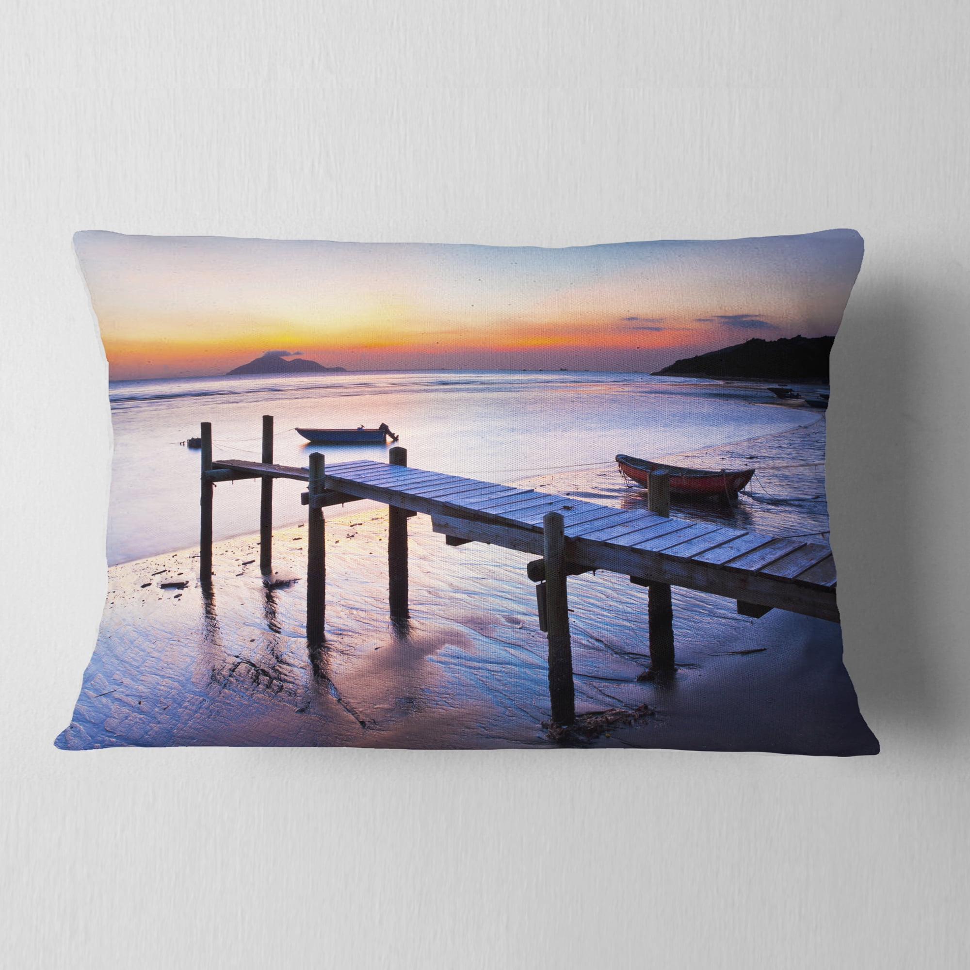Designart Old Wooden Pier at Sunset - Seascape Throw Pillow - 12x20
