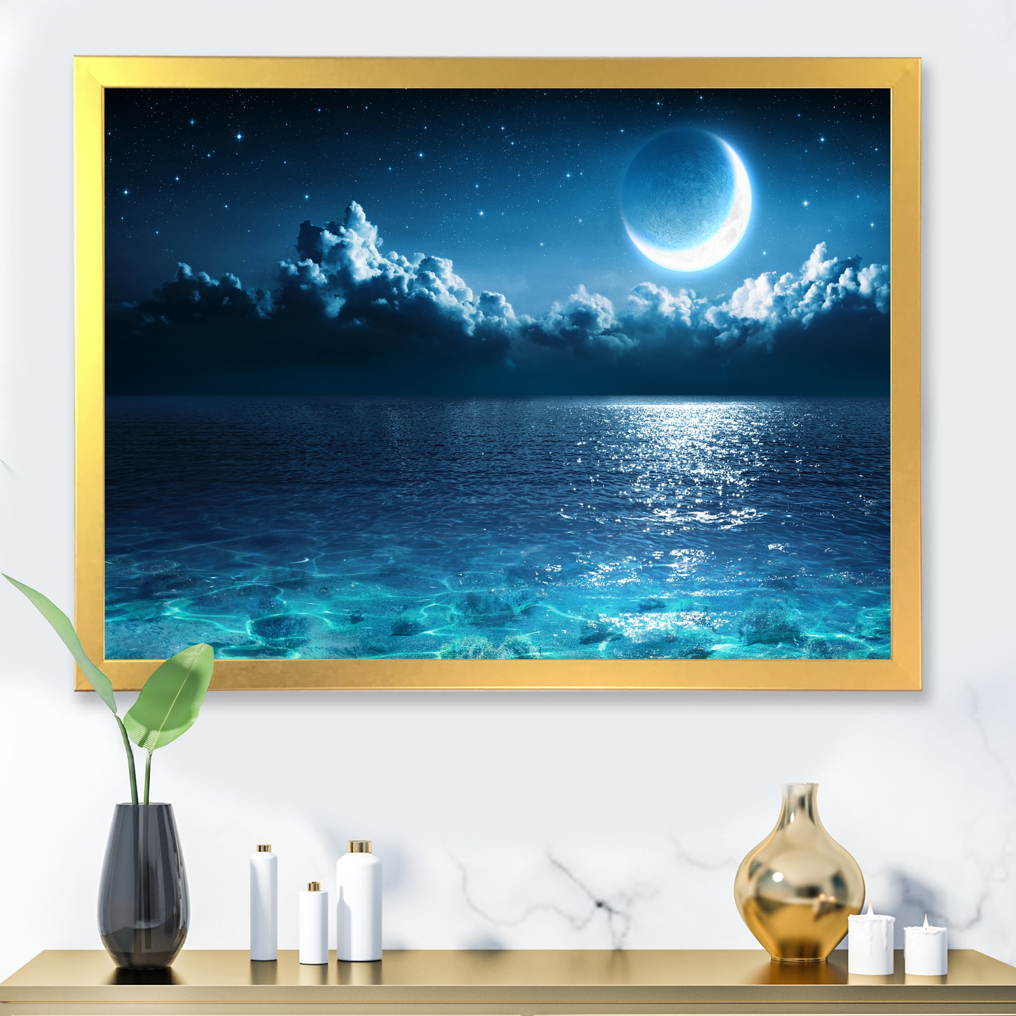 Designart 'Romantic Moon and Clouds Over Deep Blue Sea I' Nautical & Coastal Framed Art Print
