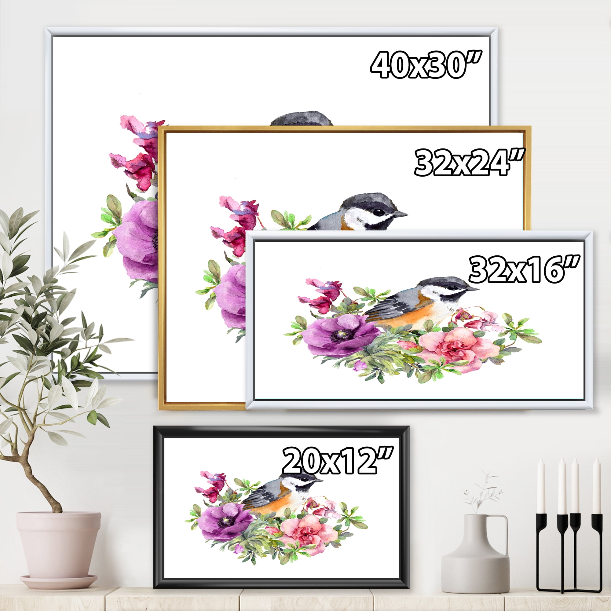 Designart 'Cute Bird In Purple and Pink Flowers' Traditional Framed Canvas Wall Art Print