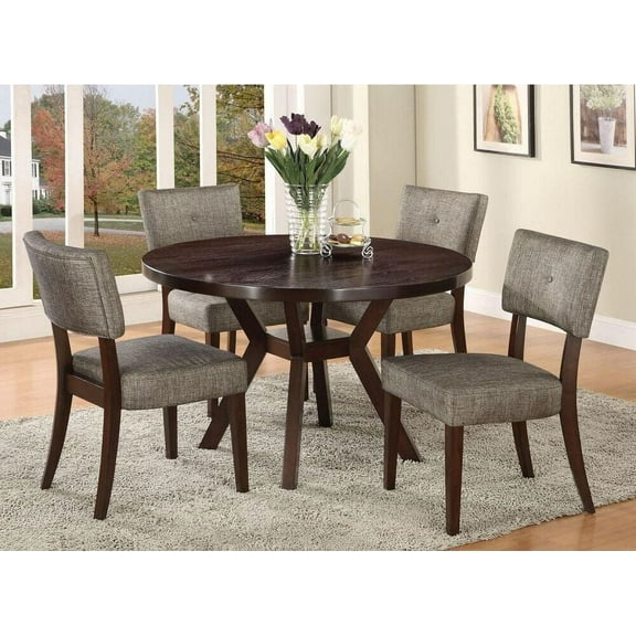 Espresso Finish 5pc Dining Set Round Table 4 Side Chairs Upholstered Seat & Back Contemporary Style Wooden Furniture