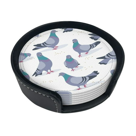 

Round Pu Leather Coaster Bluish Pigeons Heat - Resistant Beverage Cup Mat-Fancy Decor For Kitchen Office Dining Room Table - Drink Protector 6-Slice