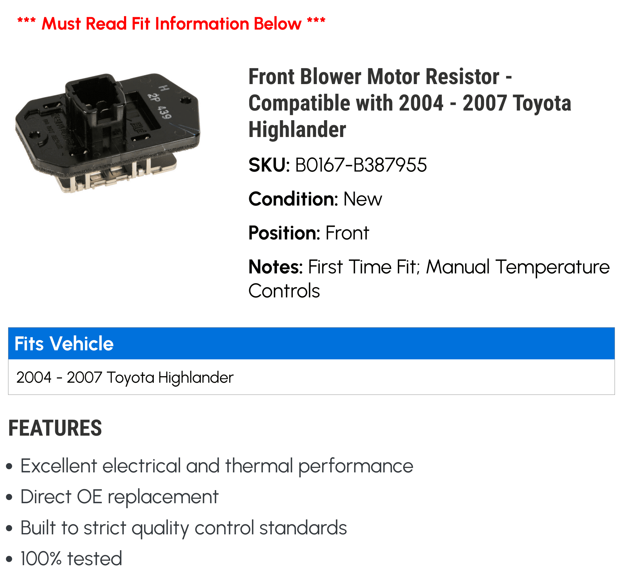 Front Blower Motor Resistor - Compatible with 2004 - 2007 Toyota Highlander 2005 2006
