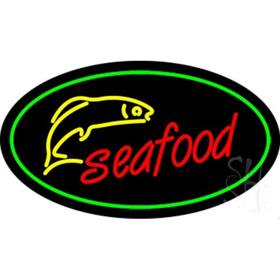 Oval Seafood Logo Green Border Animated LED Neon Sign 20 x 37 - inches, Black Square Cut Acrylic Backing, with Dimmer - Bright and Premium built indoor LED Neon Sign for restaurant decor.