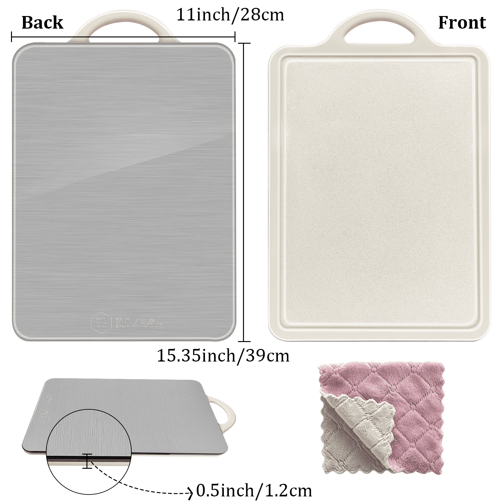 Cutting Board Double Sided, Large Size 15.4”×11”, 304 Stainless Steel Cutting Board for Kitchen, Food-Grade, Stainless Steel and Wheat Straw PP, Easy to Clean