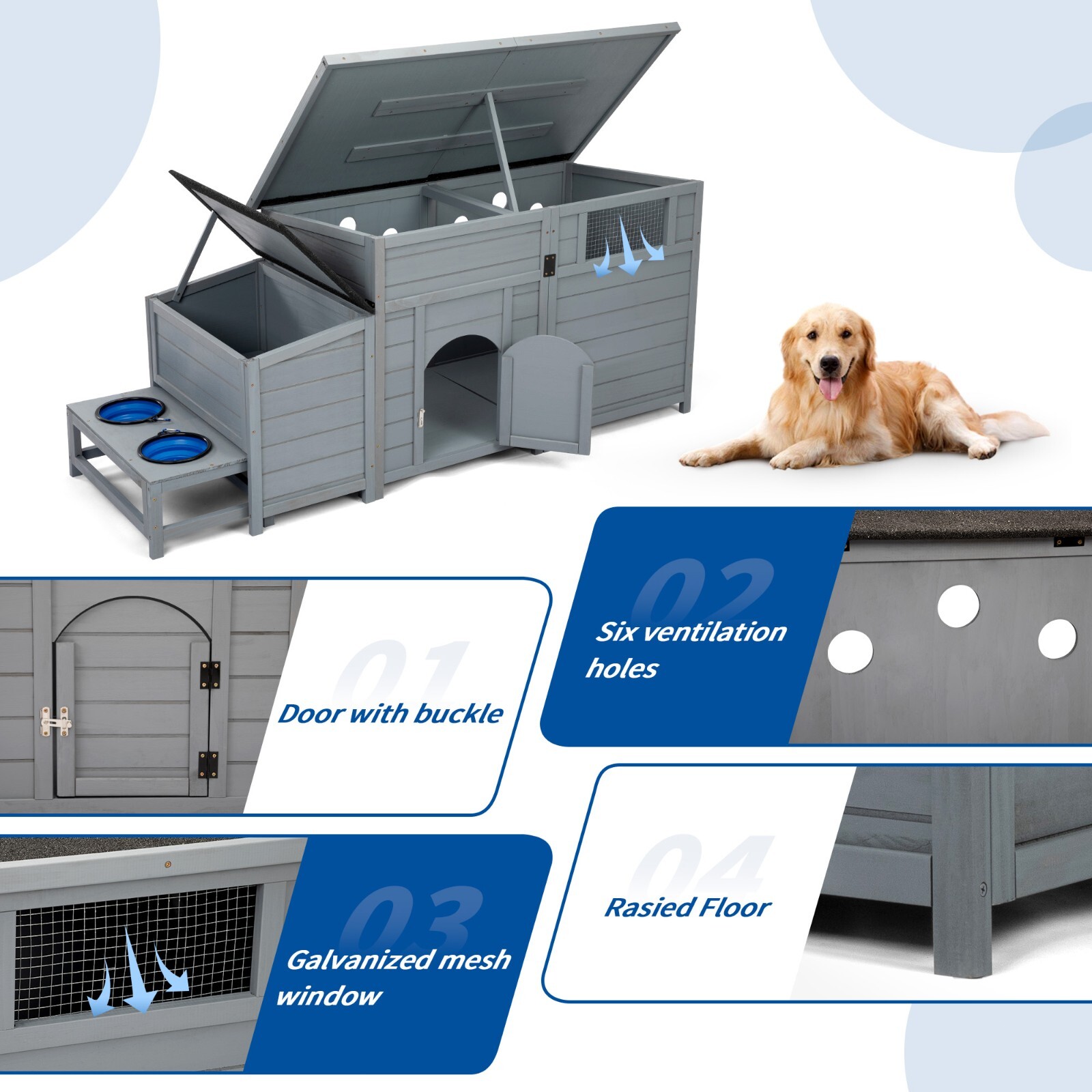 Anwickjeff Dog House Wooden Outdoor Dog Kennel with Food Bowls and an Open Roof