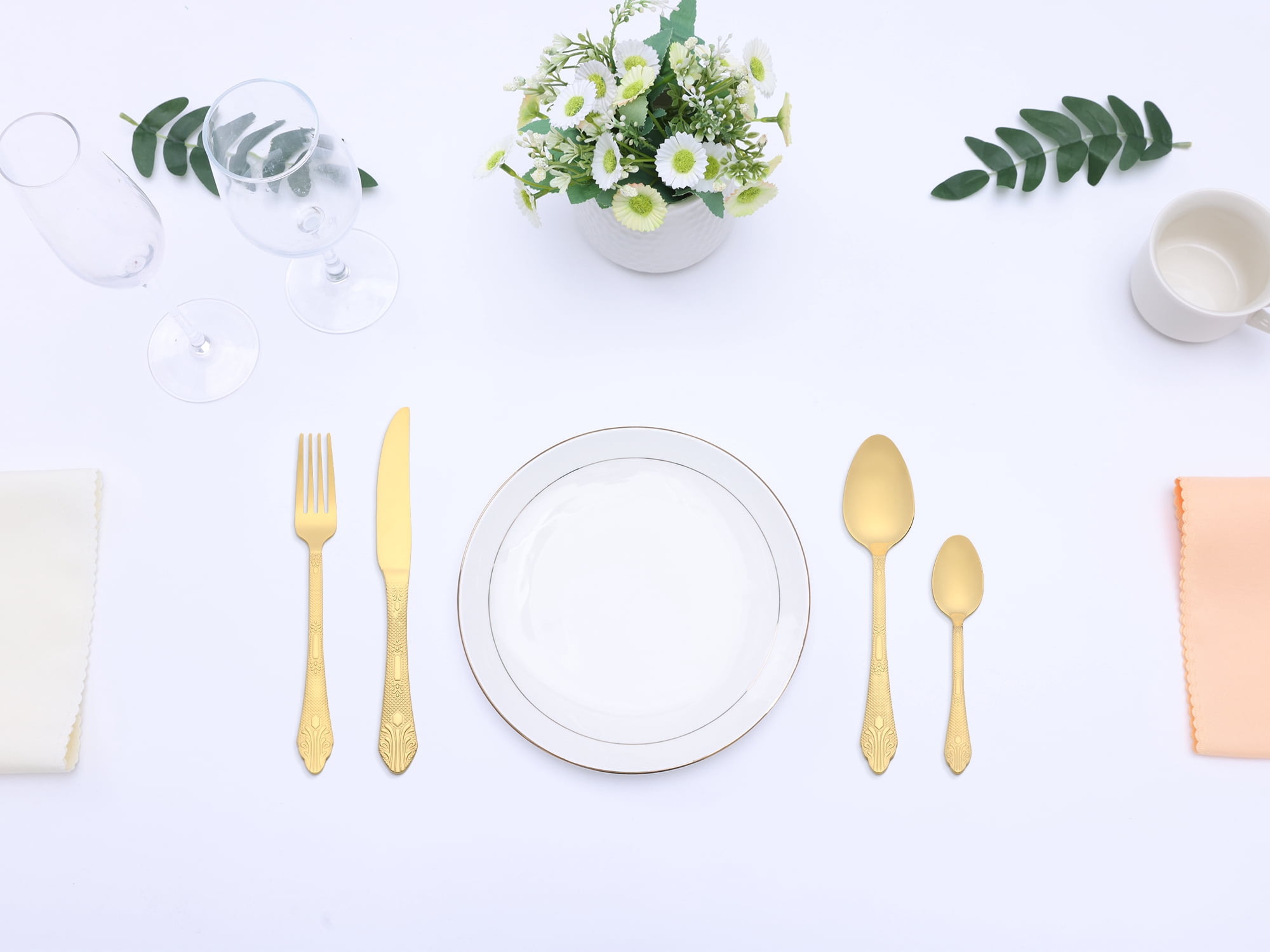 Unique Bargains 4 Piece Silverware Set Stainless Steel Floral Flatware Set Gold 4