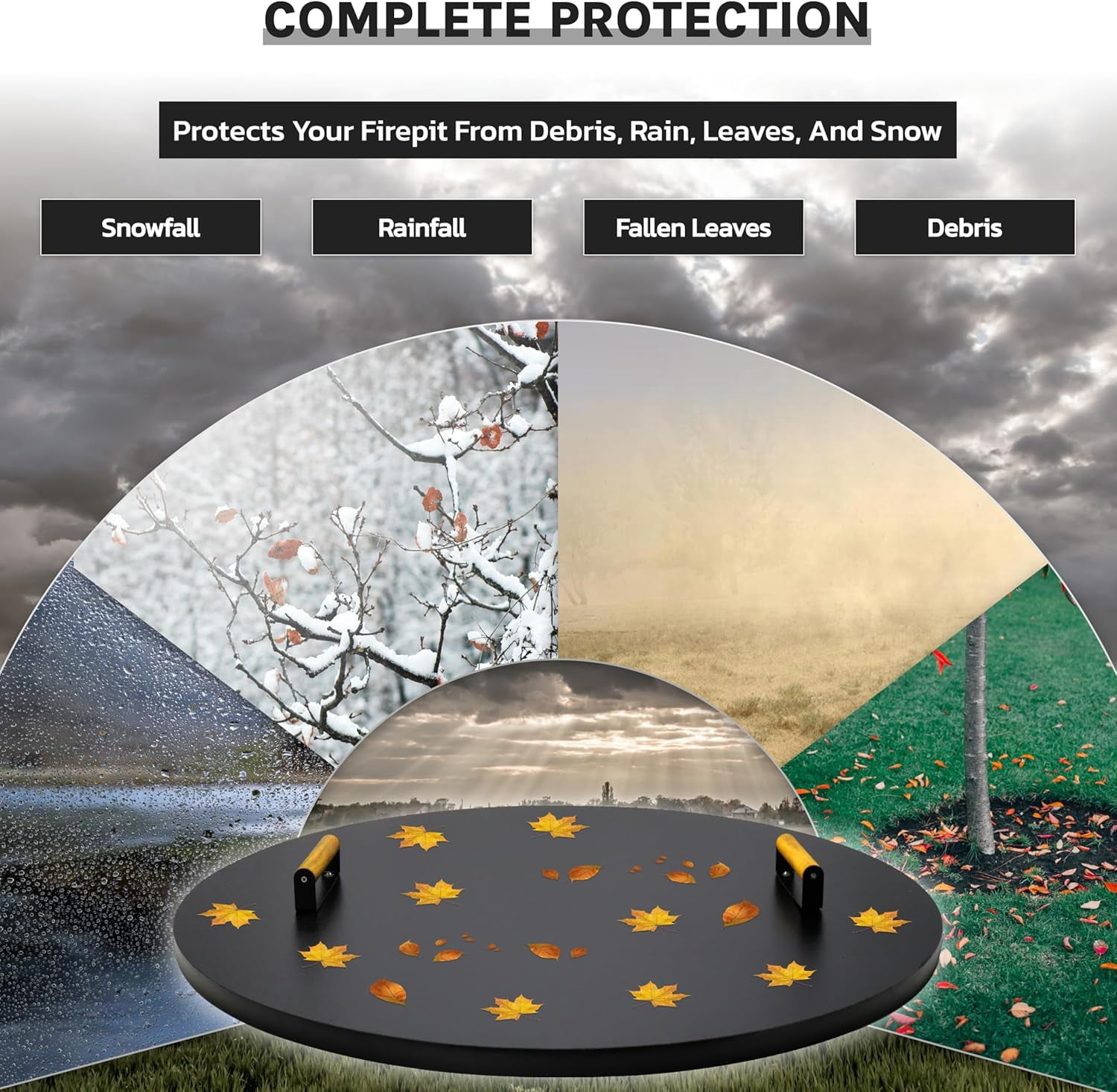 Febtech 30" Round Fire Pit Cover Heat Resistant Shield With Dual Wooden Handles Perfect for Fire Pit Inside Up to 28"
