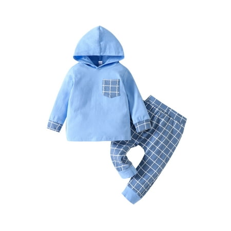 

Bagilaanoe 2Pcs Toddler Baby Boy Long Pants Set Long Sleeve Hooded Pullover Tops+ Trousers 6M 12M 18M 24M 3T 4T Kids Casual Plaid Sweatsuit
