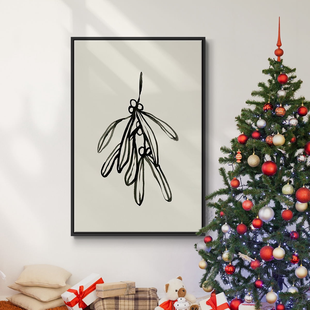 Mistletoe Sketch II - Framed Gallery Wrapped Holiday Canvas - 17 x 25 - Black Frame