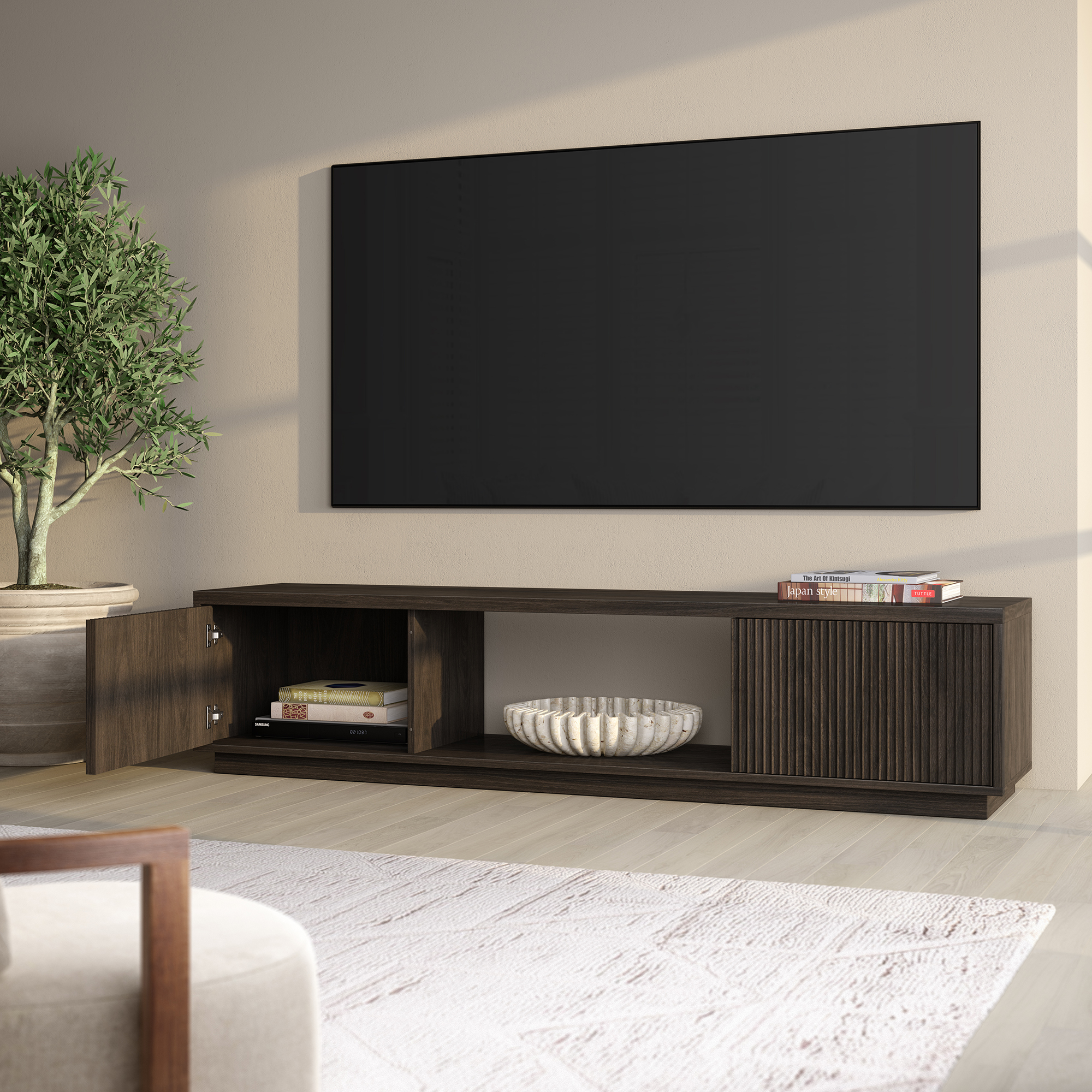 Dorian Rectangular Fluted TV Stand for TV's up to 78" in Alder Brown