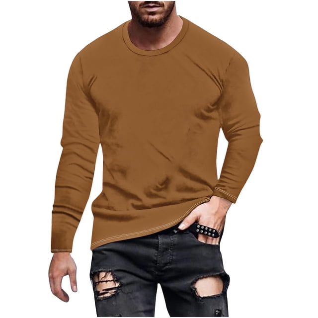 Dagugfen Plus Size Tops for Men Long Sleeve Crewneck Slim Solid Color Comfy Leisure Workout Shirts Fall