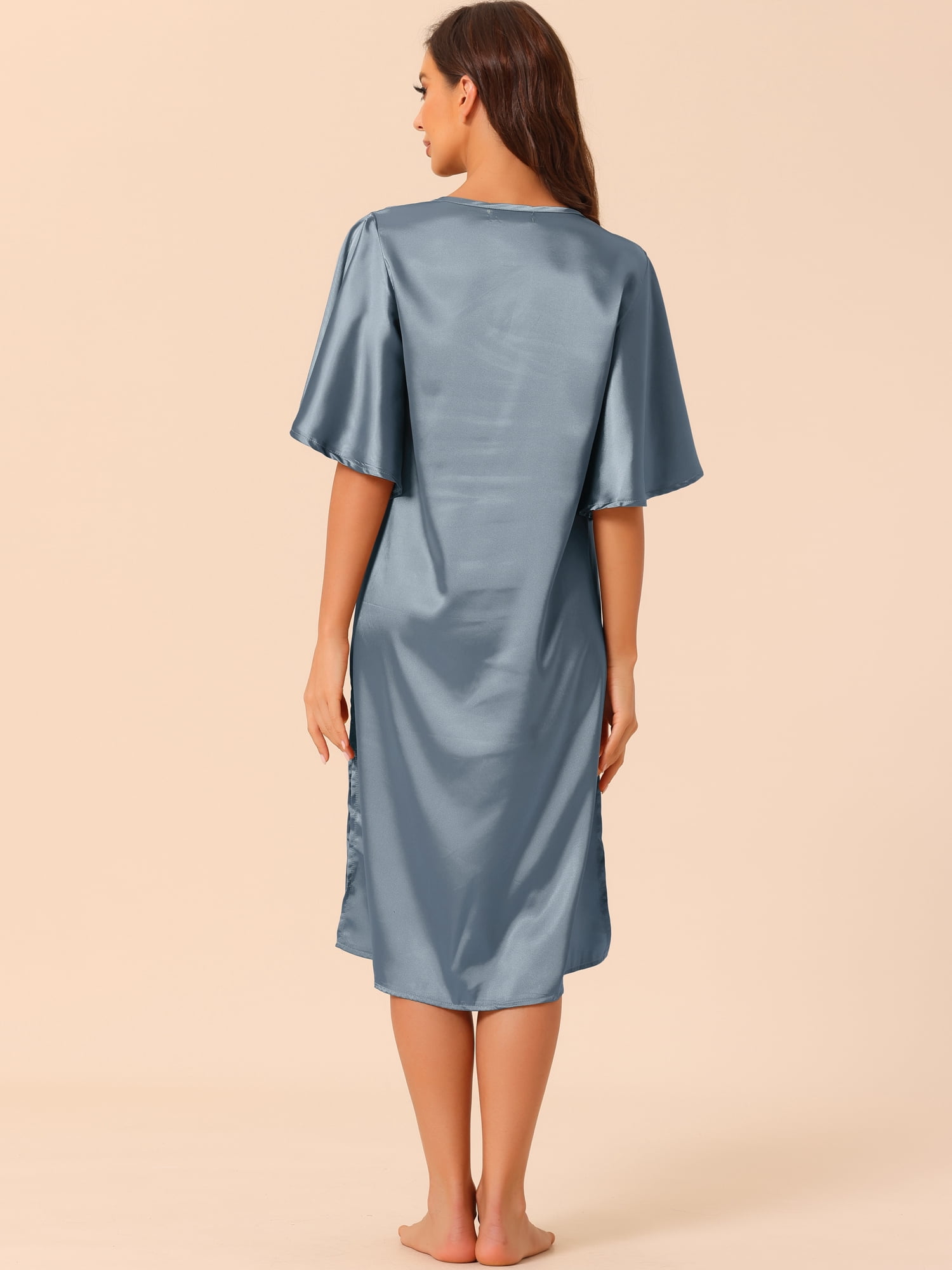 DARING DIVA Women's Satin Flare Bell Short Sleeve Nightgown XS Blue
