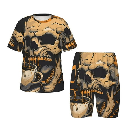 Giroia Grim Coffee Skull for Short-Sleeved Summer Pajama Set for Girls and Boys  Kid Pajama Set-XX-Large