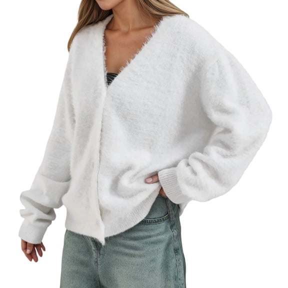 Ediodpoh Womens Cardigan Sweaters Soft Knit Cardigan Long Sleeve Open Front Loose Fit Casual Outwear Cozy Fall Winter White M
