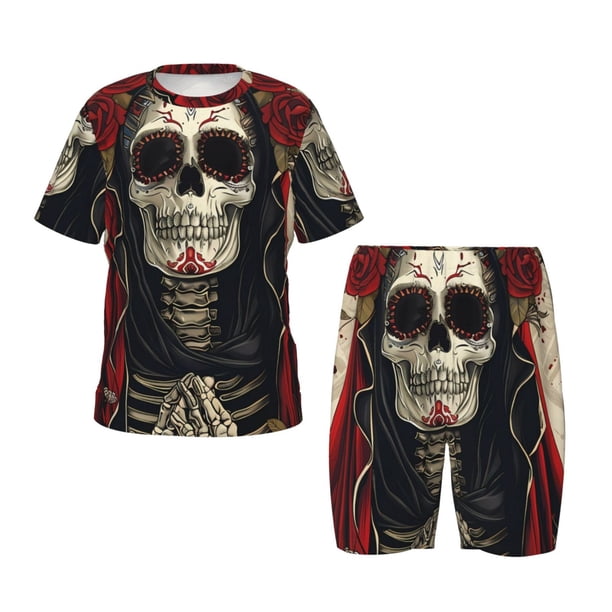 Balery Gothic Skull With Roses Conjunto de Pijama Infantil de Manga Corta con Estampado – Ropa de Dormir de Algodón Suave-4X-Large