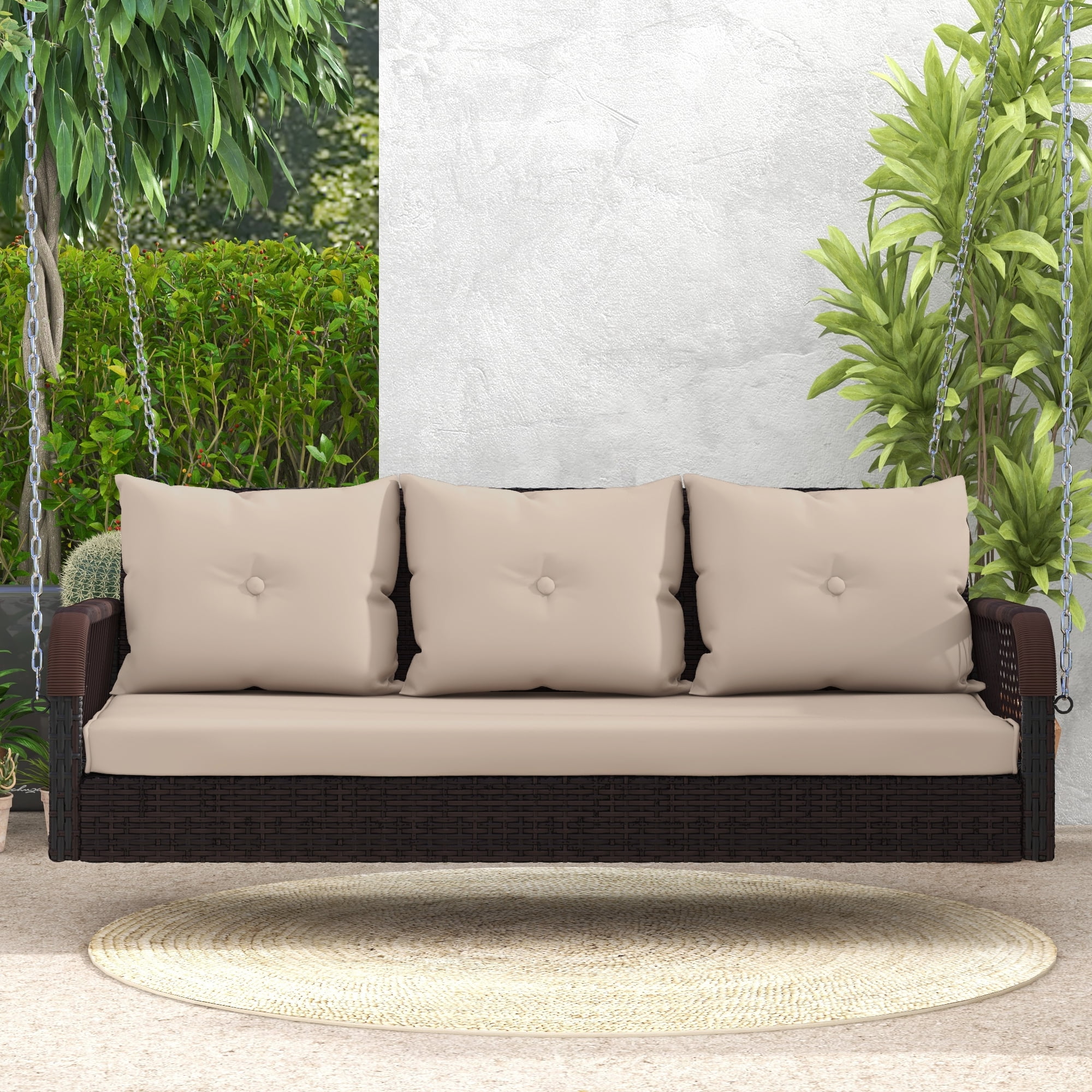 Uforic 3-Seater Outdoor Swing with Cushions: UV-Resistant Rattan, Adjustable Chain, Comfortable Cushioning, High Load Capacity, Easy Assembly