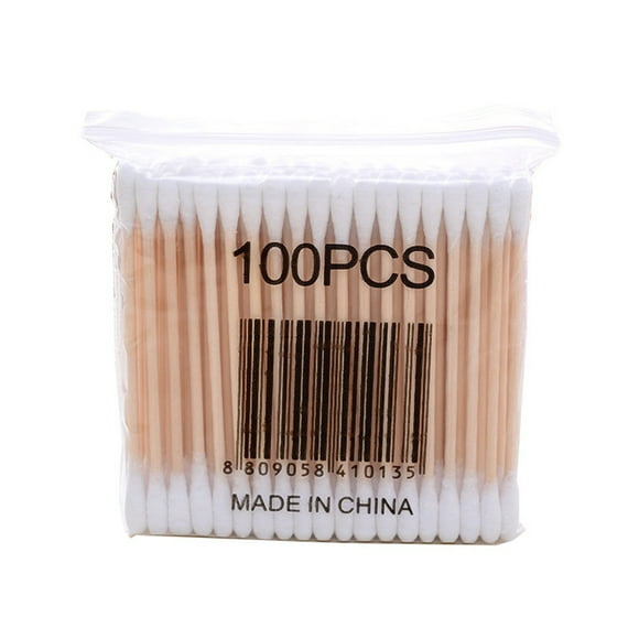 100 hisopos de algodón de madera de doble cabezal para limpieza de oídos, cuidado médico y maquillaje.
