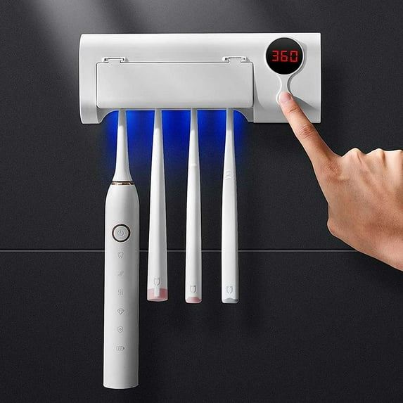 Toothbrush Holder With Sterilization Function, 4 Toothbrush Holding, Wall Mounted Family Toothbrush Sanitizer Holder