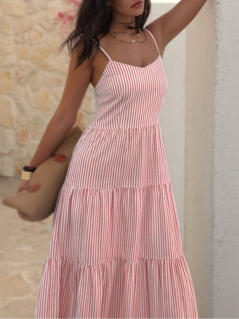 red and white striped summer dress Anrabess Womens Summer Midi Dresses Casual Striped Plaid Sleeveless Flowy Maxi Dress 2026 Beach Vacation Sundress Light Red White Stripe Mediun,