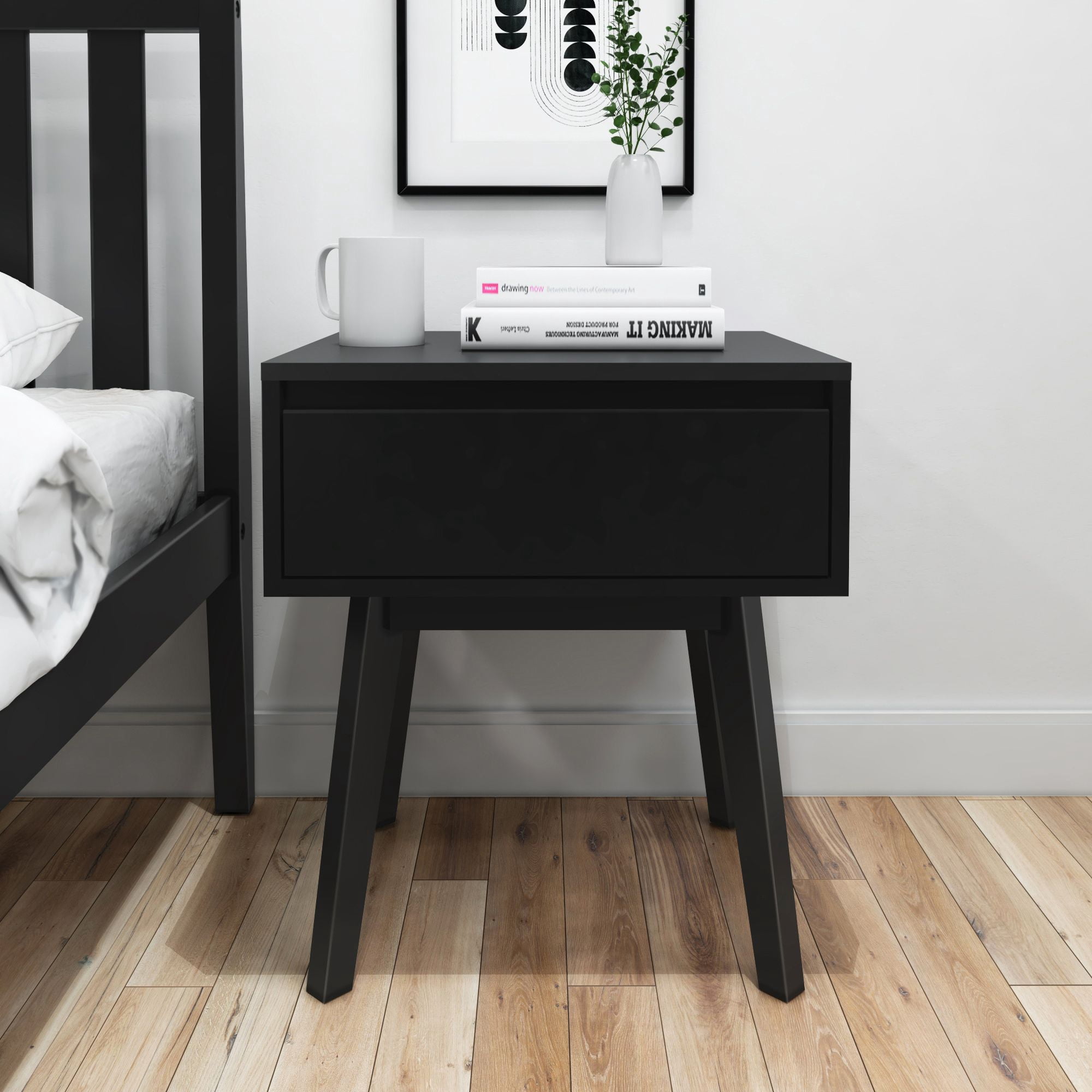 Plank+Beam Solid Wood Nightstand with Storage Drawer, Modern Small End Table, Black