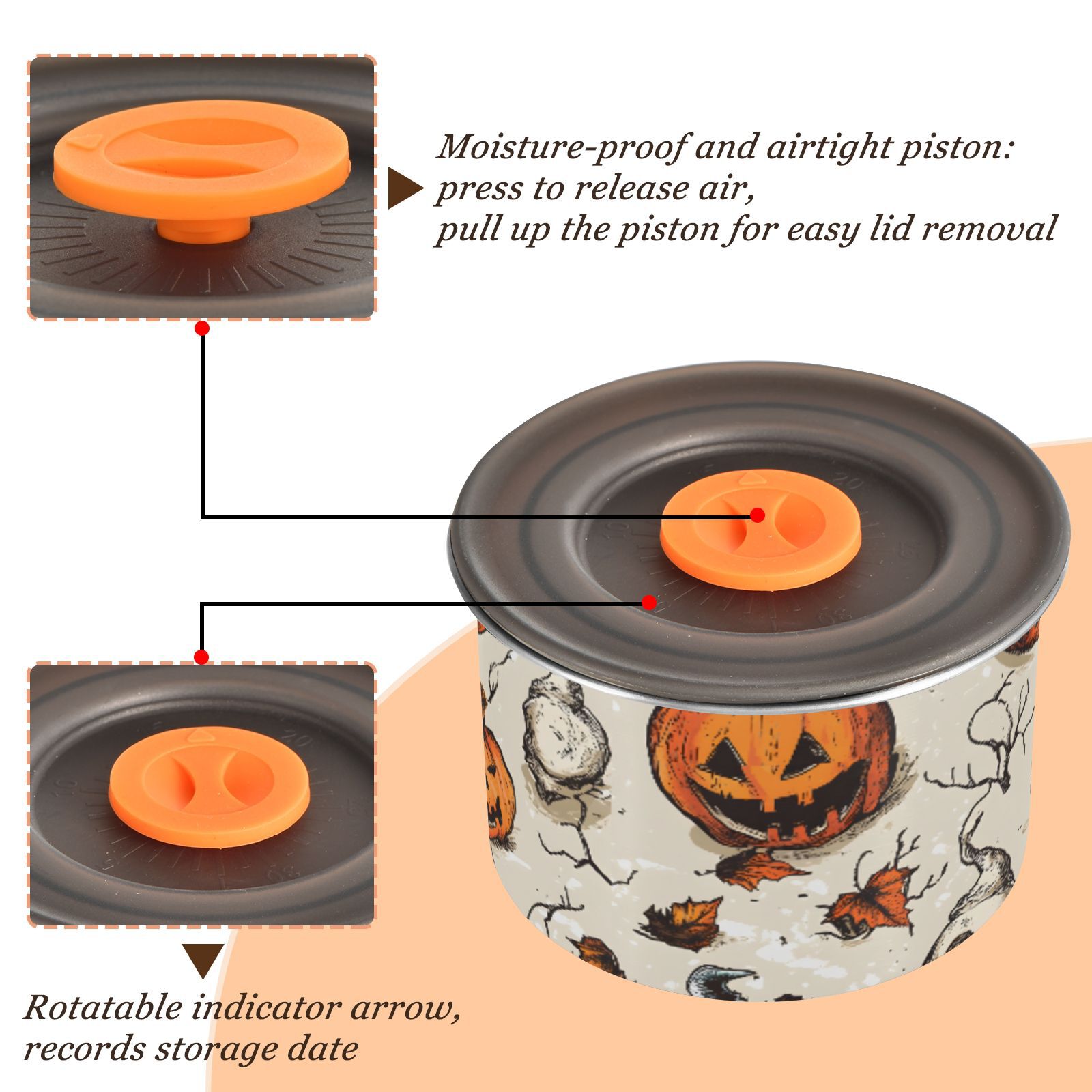 Halloween Pumpkin Skull Airtight Coffee Bean Canister 30oz Food Storage Containers with Lids For Gournd, Tea, Sugar, Flour, Rice, Cereal, Candy Cookie Jar
