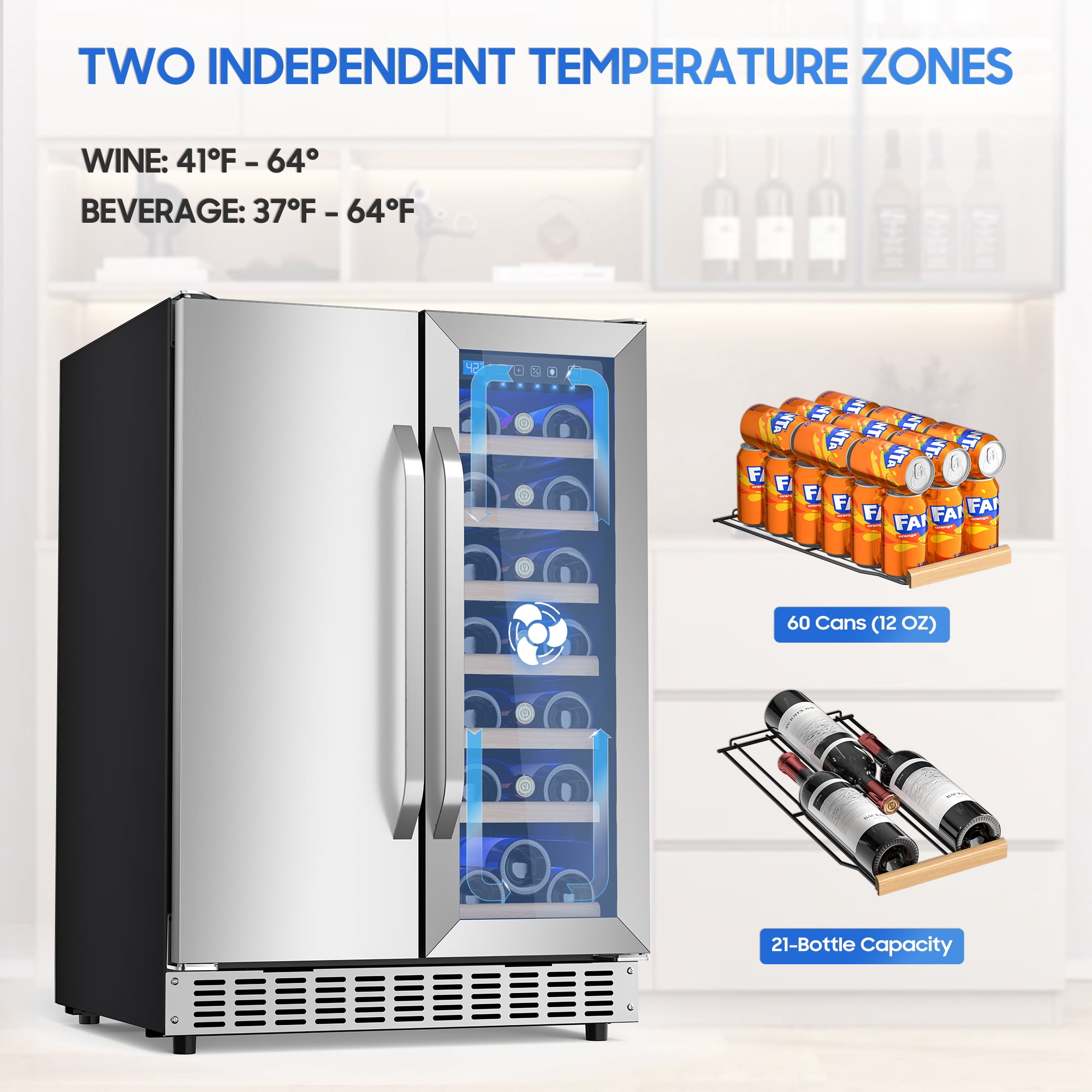 AVAHUM 24 Inch 21-Bottle & 88-Can Hybrid Door Dual Zone Wine and Beverage Refrigerator, Under Counter Built-In Cooler, Curved Handle