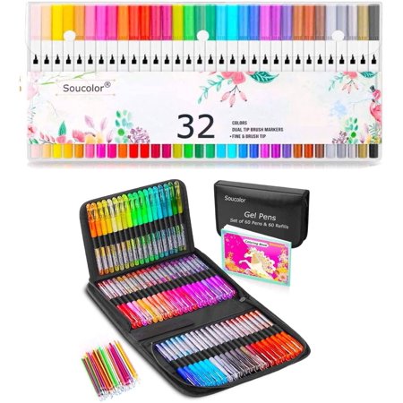 ZSCM 320 Pack Glitter Gel Pens & Brush Markers Set - 160 Colors, Includes Refills, Coloring Book & Case