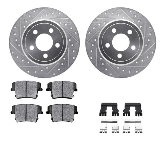 Dynamic Friction Company Front Brake Rotors Drilled and Slotted Silver with Heavy Duty Brake Pads includes Hardware - 7212-40116