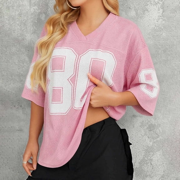 Trendfront Womens Oversized Tee V Neck Number Graphic Mesh Breathable Short Sleeve T Shirts Streetwear Varsity Sports Top