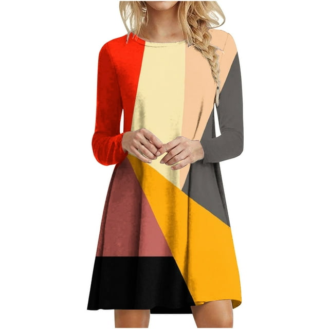 Robes d'Automne pour Femmes Col Rond Bloc de Couleur Robe à Manches Longues Décontractée Ample Tunique Évasée Mini Robes