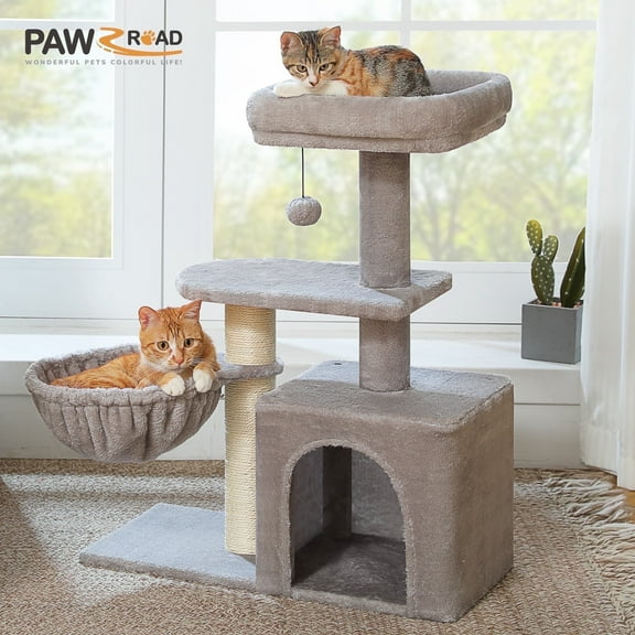 PAWZ Road 31" Medium Cat Tree Modern Scratcher with Hammock and Condo for Indoor Cats Gray