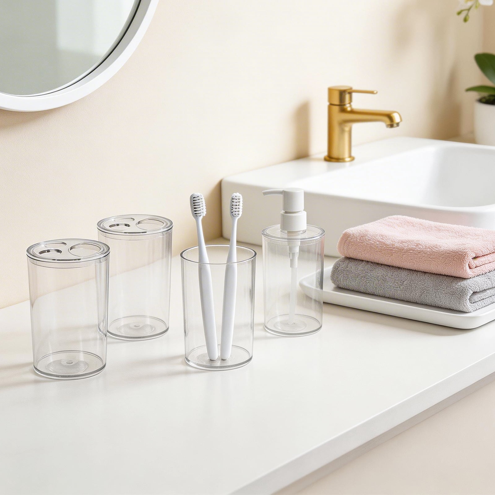 Koomade Clear Plastic 3 Toothbrush Holders + 1pc Soap Dispenser Bathroom Organization Set