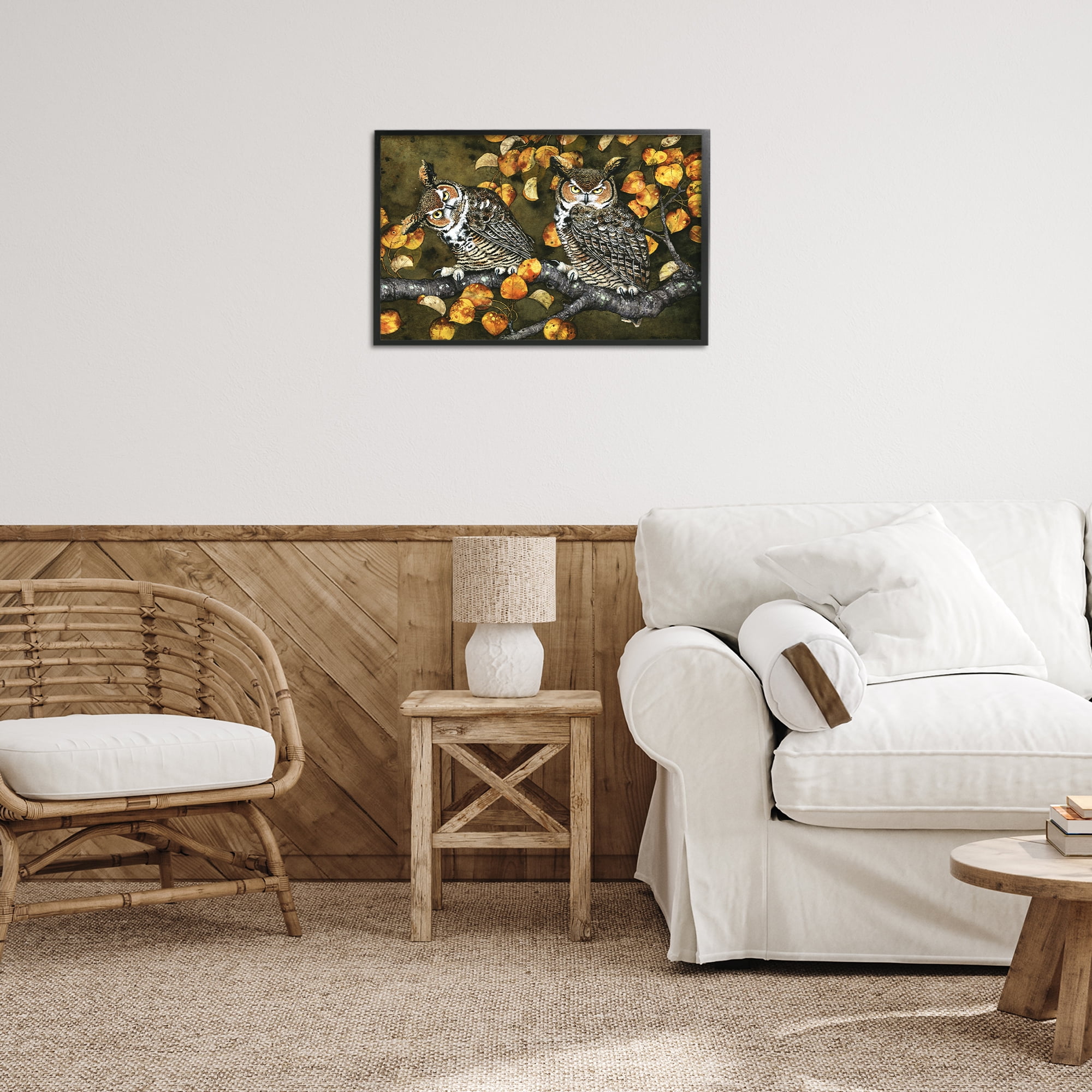 Stupell Industries Inquisitor Owls Autumn Branch Animals & Insects Painting Black Framed Art Print Wall Art, 24 x 16