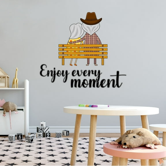 Home Wall Decal - Enjoy every Moment - Cute Quote Design Cute Old Couple Sitting On The Bench - Proudly Hand Made Decal - Size: 10 In(W) x 9 In(H)