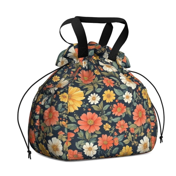 Pioneer Flower Drawstring Lunch Bag Women - Drawstring Lunch Bag Insulated for Work Office - Stain-Resistant Large Lunchbags for Women with Multi-Pockets